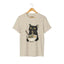 Beige t-shirt with a black cat eating ramen graphic.