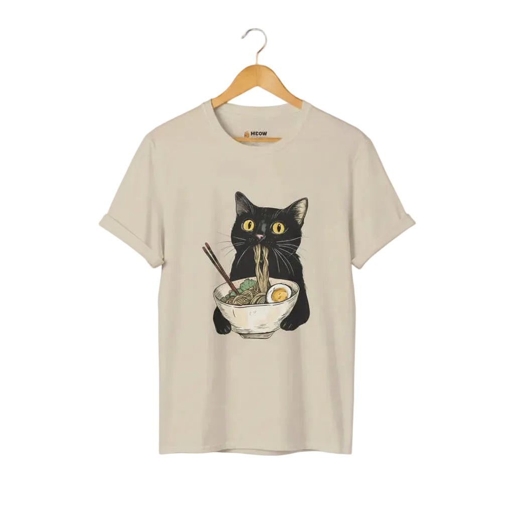 Beige t-shirt with a black cat eating ramen graphic.