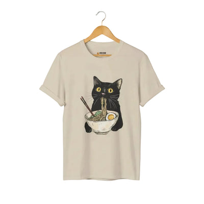 Beige t-shirt with a black cat eating ramen graphic.