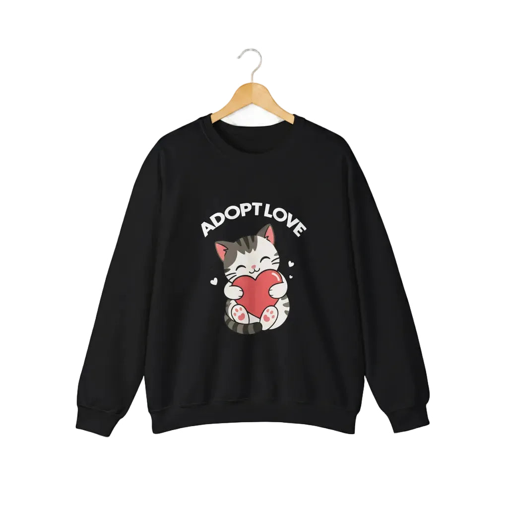 A black crewneck sweatshirt featuring a cartoon graphic of a gray tabby cat holding a red heart, with the text 'ADOPT LOVE' printed above it in white for cat lovers.
