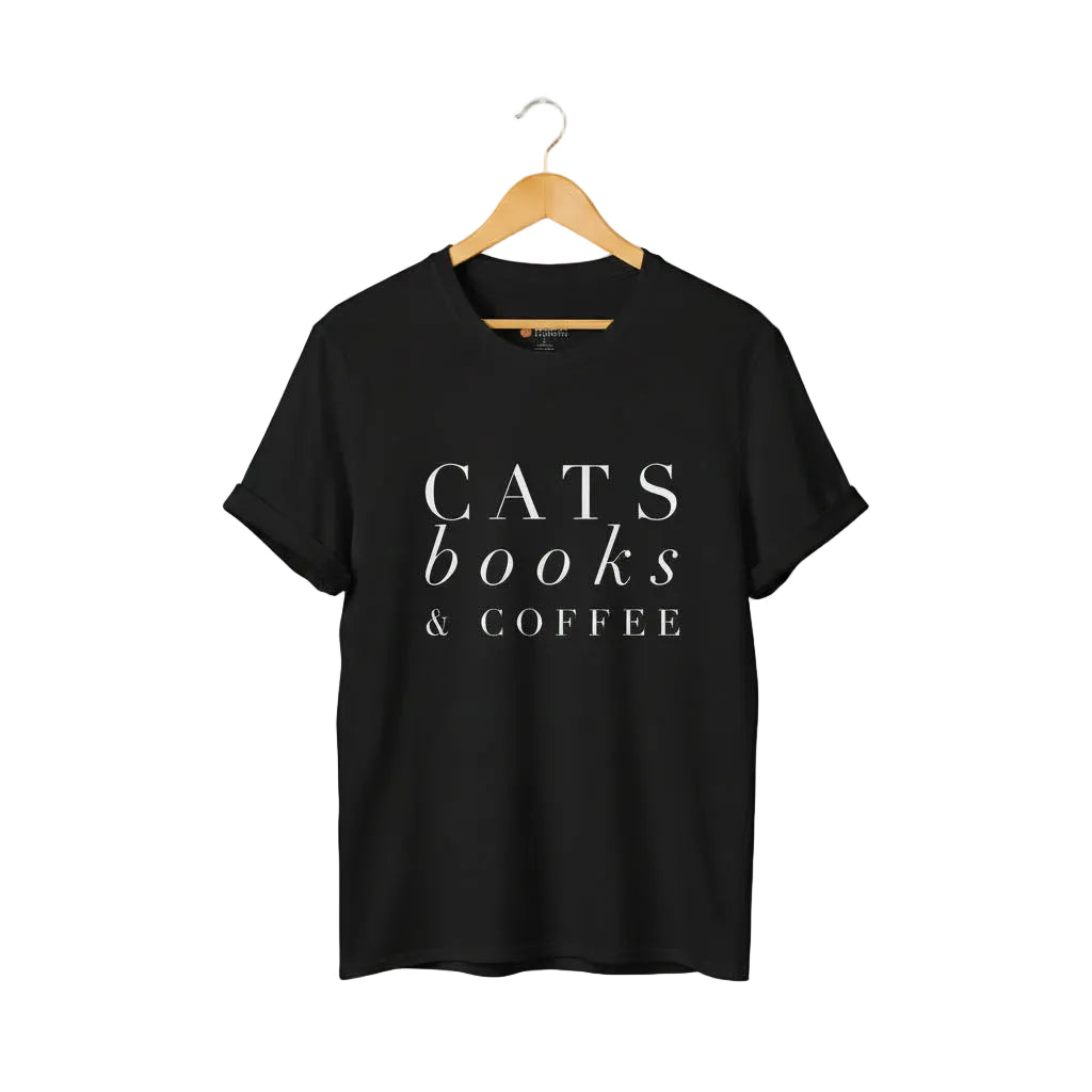 Black t-shirt with 'CATS books & COFFEE' text for cat lovers