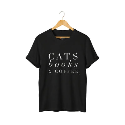 Black t-shirt with 'CATS books & COFFEE' text for cat lovers