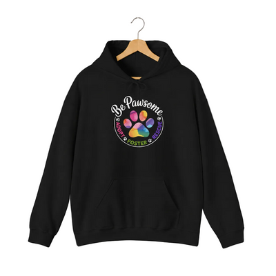 Black pullover hoodie with a colorful paw print for cat rescue and foster supporters, with text 'Be Pawsome Adopt Foster Rescue'.