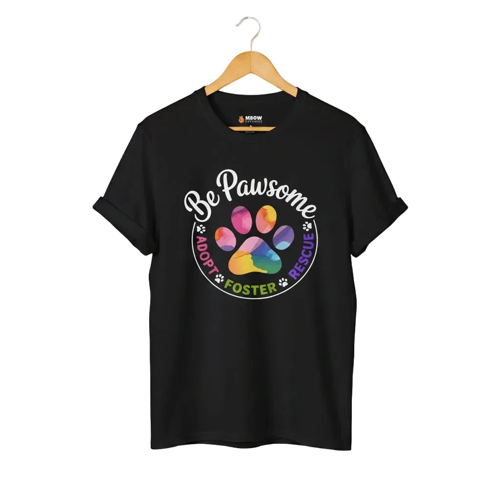 Black cat rescue t-shirt featuring a rainbow paw print graphic with text 'Be Pawsome Adopt Foster Rescue'.