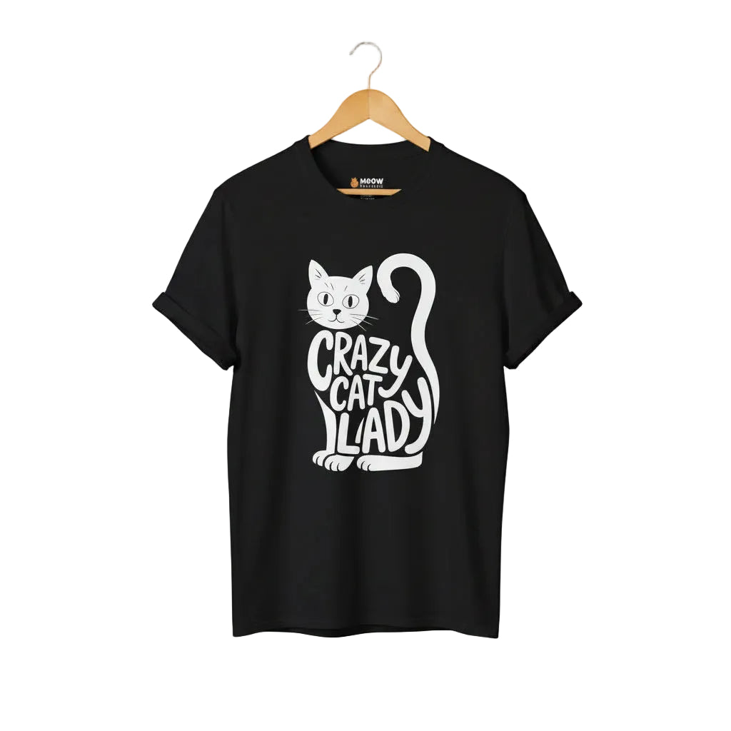 Black t-shirt with black cat graphic and 'Crazy Cat Lady' text for cat lovers.