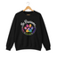 Black crewneck sweatshirt featuring a colorful paw print for cat rescue advocates with text 'Be Pawsome Adopt Foster Rescue'.