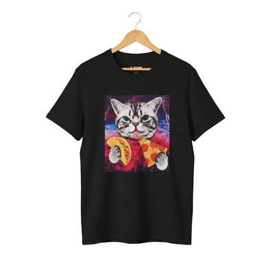 A black short-sleeve crewneck t-shirt. The front of the shirt features a square graphic print of a tabby cat holding a slice of pizza and a taco against a colorful cosmic background.