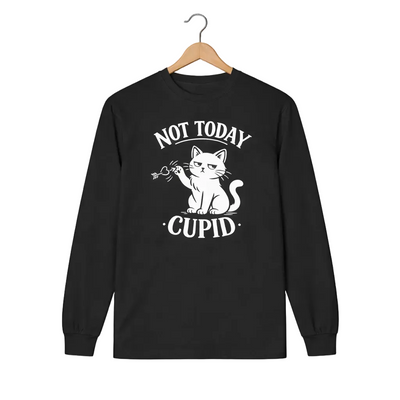 A black long-sleeve t-shirt featuring a white graphic print of a cat holding a small arrow, with the text 'NOT TODAY CUPID' arched above and below the illustration.