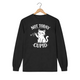 A black long-sleeve t-shirt featuring a white graphic print of a cat holding a small arrow, with the text 'NOT TODAY CUPID' arched above and below the illustration.