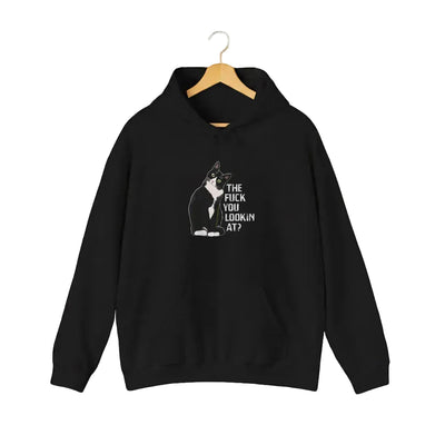 A black hoodie hanging on a wooden hanger against a white background, with the text 'The F*ck You Lookin’ At?'.