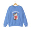 A carolina blue crewneck sweatshirt featuring a cartoon graphic of a gray tabby cat holding a red heart, with the text 'ADOPT LOVE' printed above it in white for cat lovers.