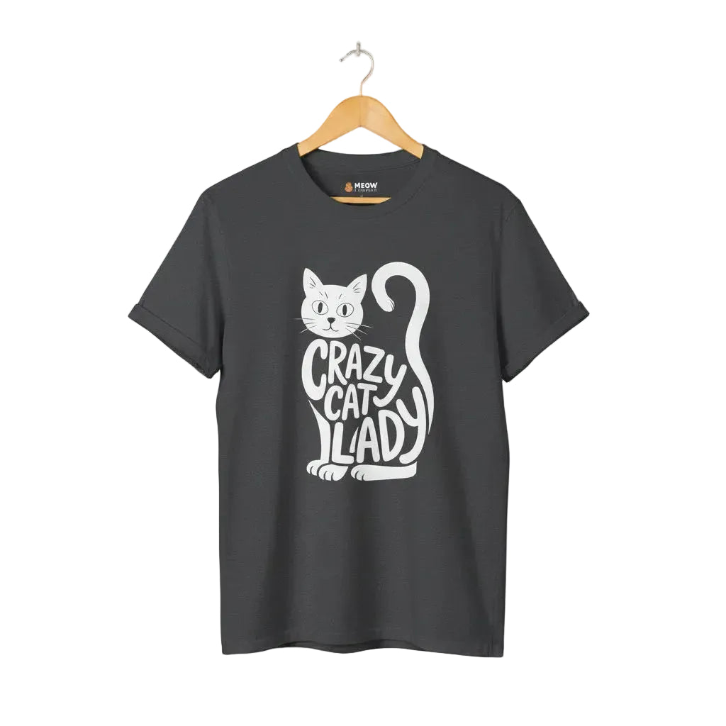 Dark heather t-shirt with black cat graphic and 'Crazy Cat Lady' text for cat lovers.