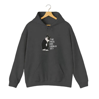A dark heather hoodie hanging on a wooden hanger against a white background, with the text 'The F*ck You Lookin’ At?'.