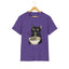 Heather purple t-shirt with a black cat eating ramen graphic.