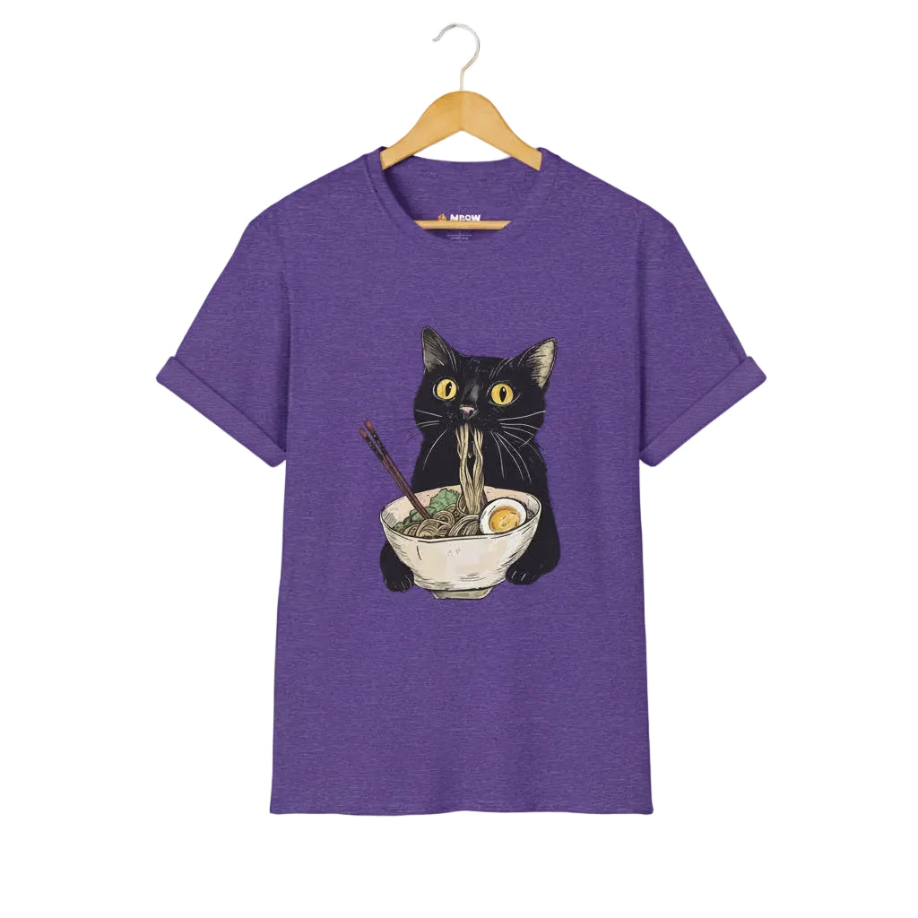 Heather purple t-shirt with a black cat eating ramen graphic.