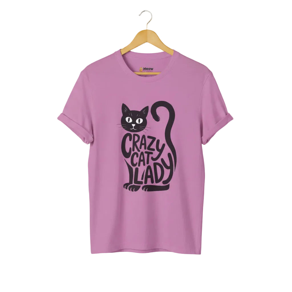 Heather radiant orchid t-shirt with black cat graphic and 'Crazy Cat Lady' text for cat lovers.