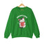 An irish green crewneck sweatshirt featuring a cartoon graphic of a gray tabby cat holding a red heart, with the text 'ADOPT LOVE' printed above it in white for cat lovers.
