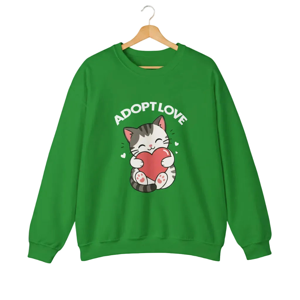 An irish green crewneck sweatshirt featuring a cartoon graphic of a gray tabby cat holding a red heart, with the text 'ADOPT LOVE' printed above it in white for cat lovers.