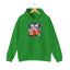 Irish green cat lover hoodie with colorful cat graphic "Interstellar Pizza & Tacos", for cat rescue and foster supporters.