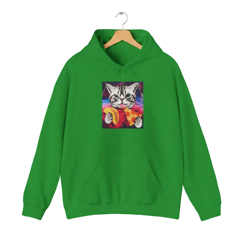 Irish green cat lover hoodie with colorful cat graphic "Interstellar Pizza & Tacos", for cat rescue and foster supporters.