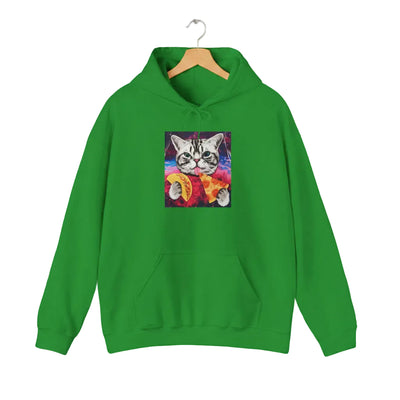 Irish green cat lover hoodie with colorful cat graphic "Interstellar Pizza & Tacos", for cat rescue and foster supporters.