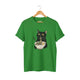 Irish green t-shirt with a black cat eating ramen graphic.
