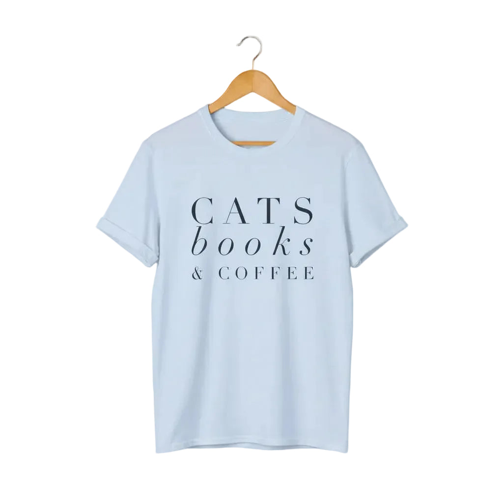 Light blue t-shirt with 'CATS books & COFFEE' text for cat lovers