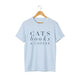 Light blue t-shirt with 'CATS books & COFFEE' text for cat lovers