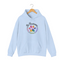 Light blue pullover hoodie with a colorful paw print for cat rescue and foster supporters, with text 'Be Pawsome Adopt Foster Rescue'.