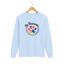 Light blue long sleeve cat rescue shirt with a colorful paw print graphic and text 'Be Pawsome Adopt Foster Rescue'.