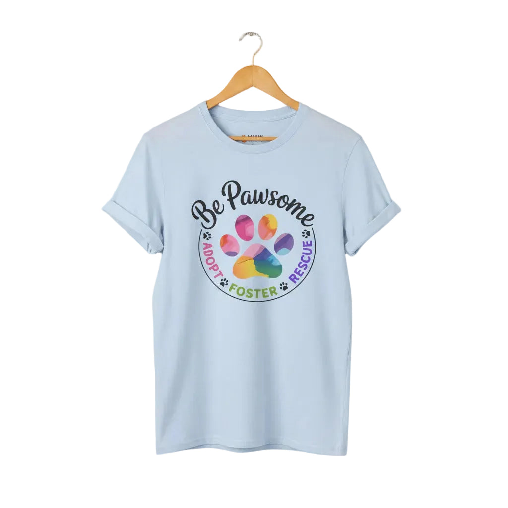 Light blue rescue t-shirt featuring a rainbow paw print graphic with text 'Be Pawsome Adopt Foster Rescue'.