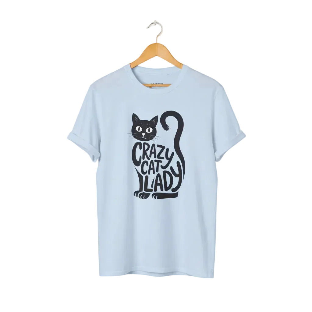 Light blue t-shirt with black cat graphic and 'Crazy Cat Lady' text for cat lovers.