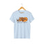 Light blue unisex graphic t-shirt with vintage Kitty Barrel logo, tabby cats, and 'MEOWY CATTY HABITAT' text.