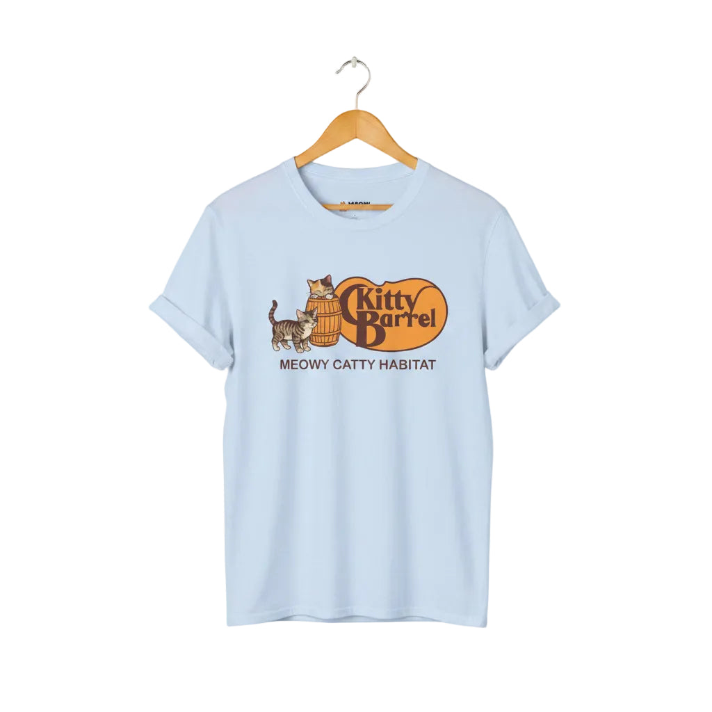 Light blue unisex graphic t-shirt with vintage Kitty Barrel logo, tabby cats, and 'MEOWY CATTY HABITAT' text.