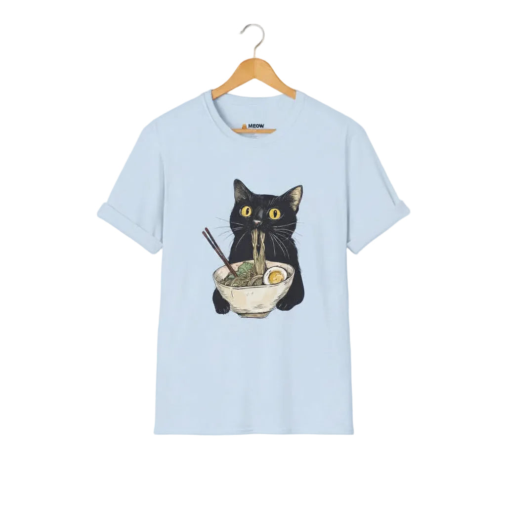 Light blue t-shirt with a black cat eating ramen graphic.