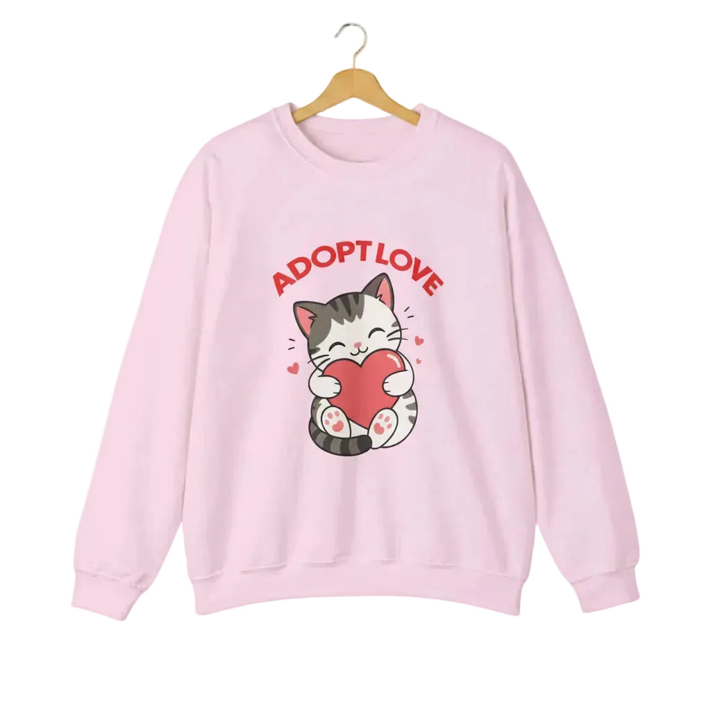 A light pink crewneck sweatshirt featuring a cartoon graphic of a gray tabby cat holding a red heart, with the text 'ADOPT LOVE' printed above it in white for cat lovers.