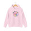 Light pink pullover hoodie with a colorful paw print for cat rescue and foster supporters, with text 'Be Pawsome Adopt Foster Rescue'.