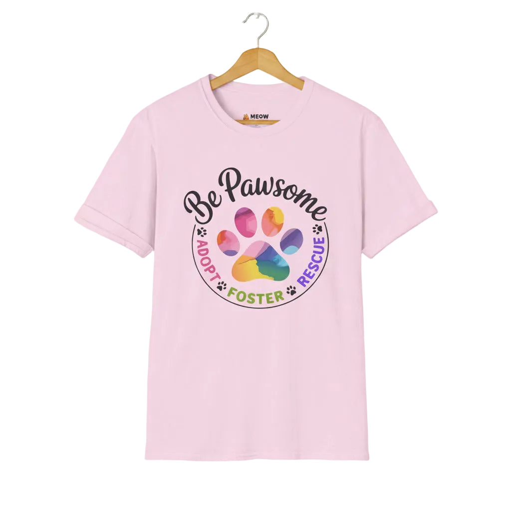Light pink cat rescue t-shirt featuring a rainbow paw print graphic with text 'Be Pawsome Adopt Foster Rescue'.