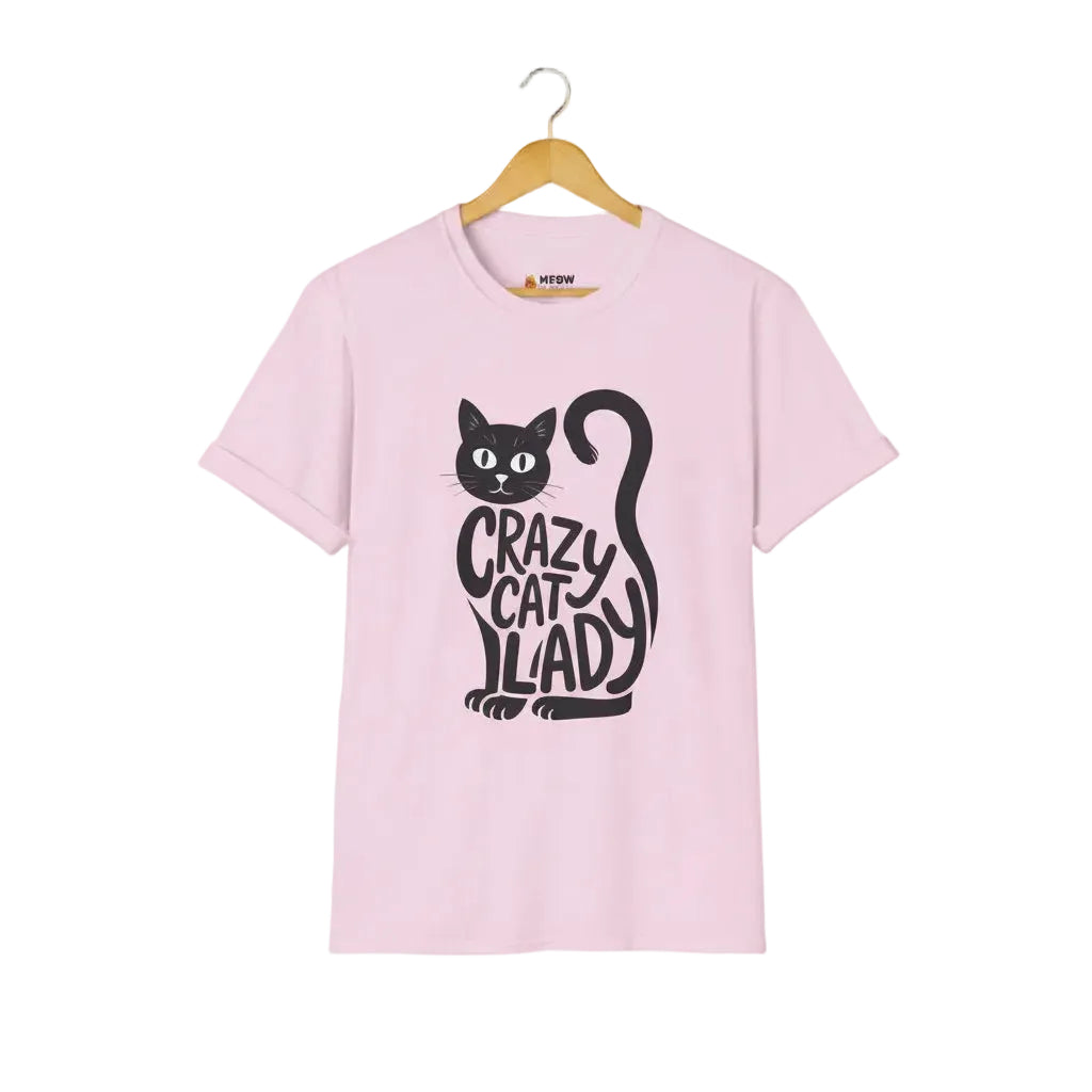 Light pink t-shirt with black cat graphic and 'Crazy Cat Lady' text for cat lovers.