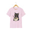 Light pink t-shirt with a black cat eating ramen graphic.