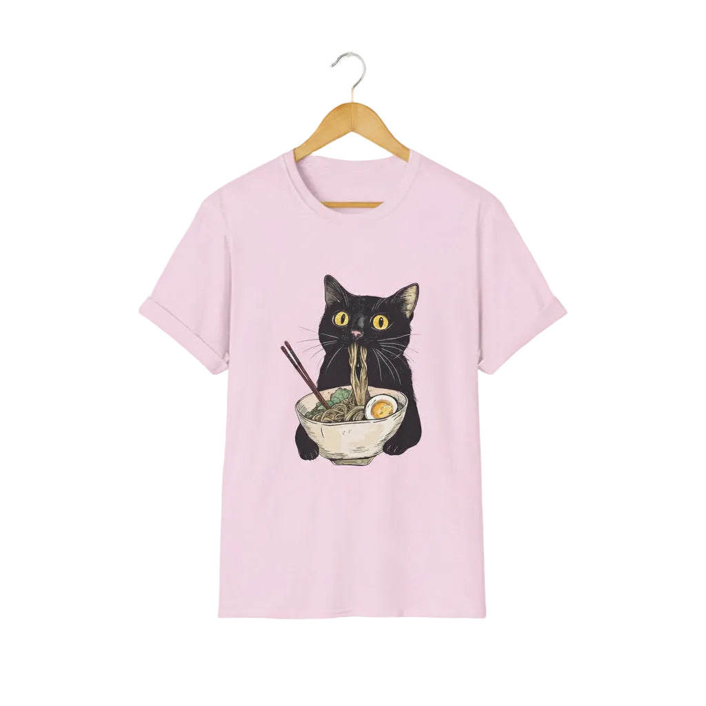 Light pink t-shirt with a black cat eating ramen graphic.