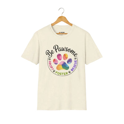 Natural cat rescue t-shirt featuring a rainbow paw print graphic with text 'Be Pawsome Adopt Foster Rescue'.