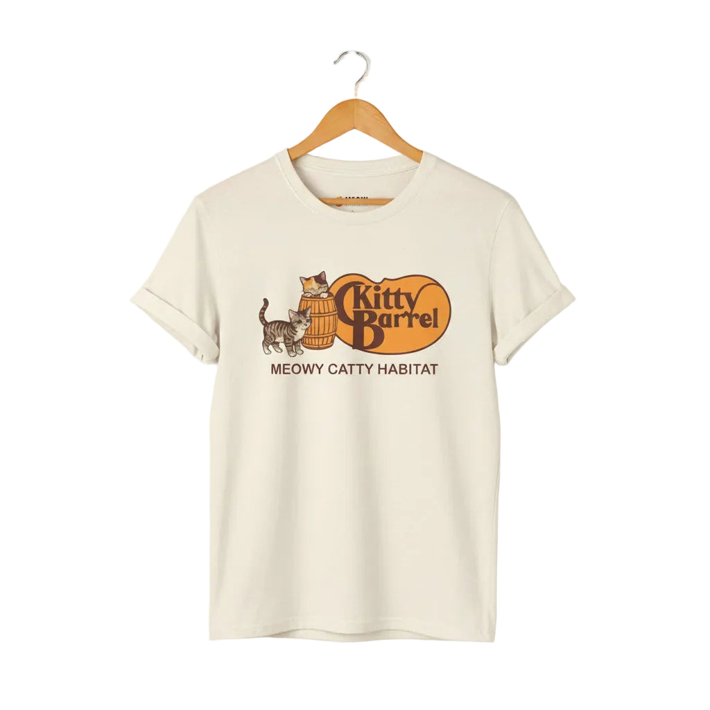 Natural unisex graphic t-shirt with vintage Kitty Barrel logo, tabby cats, and 'MEOWY CATTY HABITAT' text.