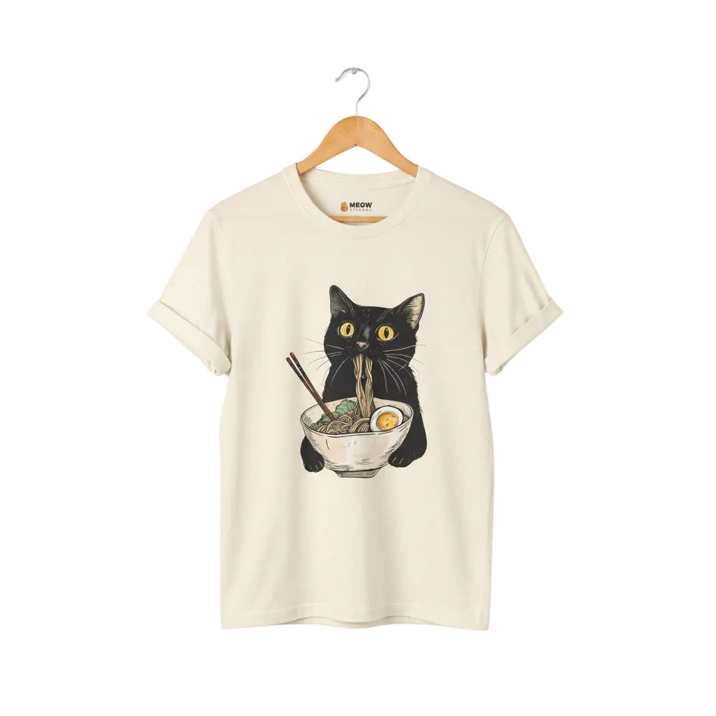 Natural t-shirt with a black cat eating ramen graphic.