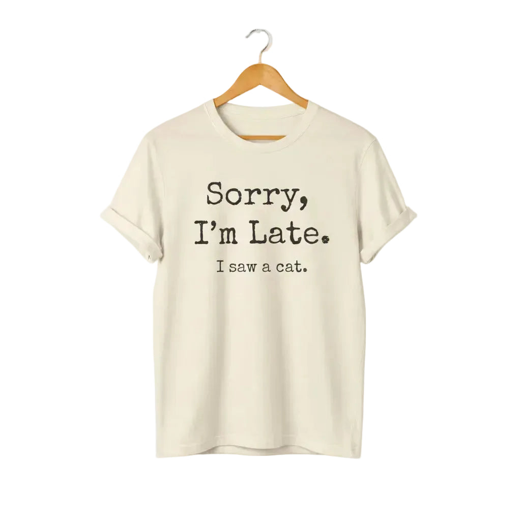 Natural unisex graphic t-shirt with 'SORRY I'M LATE. I SAW A CAT' text for cat lovers.