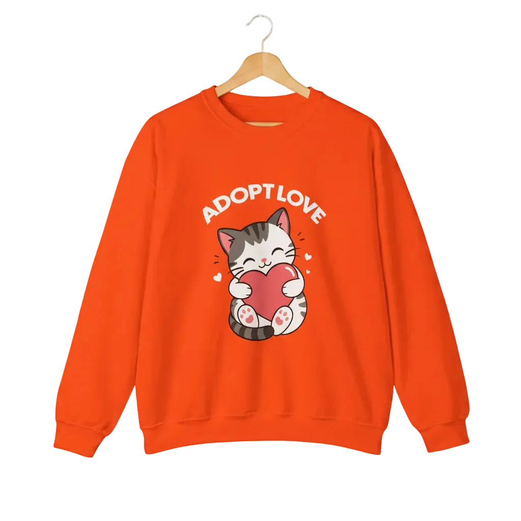 An orange crewneck sweatshirt featuring a cartoon graphic of a gray tabby cat holding a red heart, with the text 'ADOPT LOVE' printed above it in white for cat lovers.