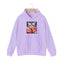 Orchid cat lover hoodie with colorful cat graphic "Interstellar Pizza & Tacos", for cat rescue and foster supporters.