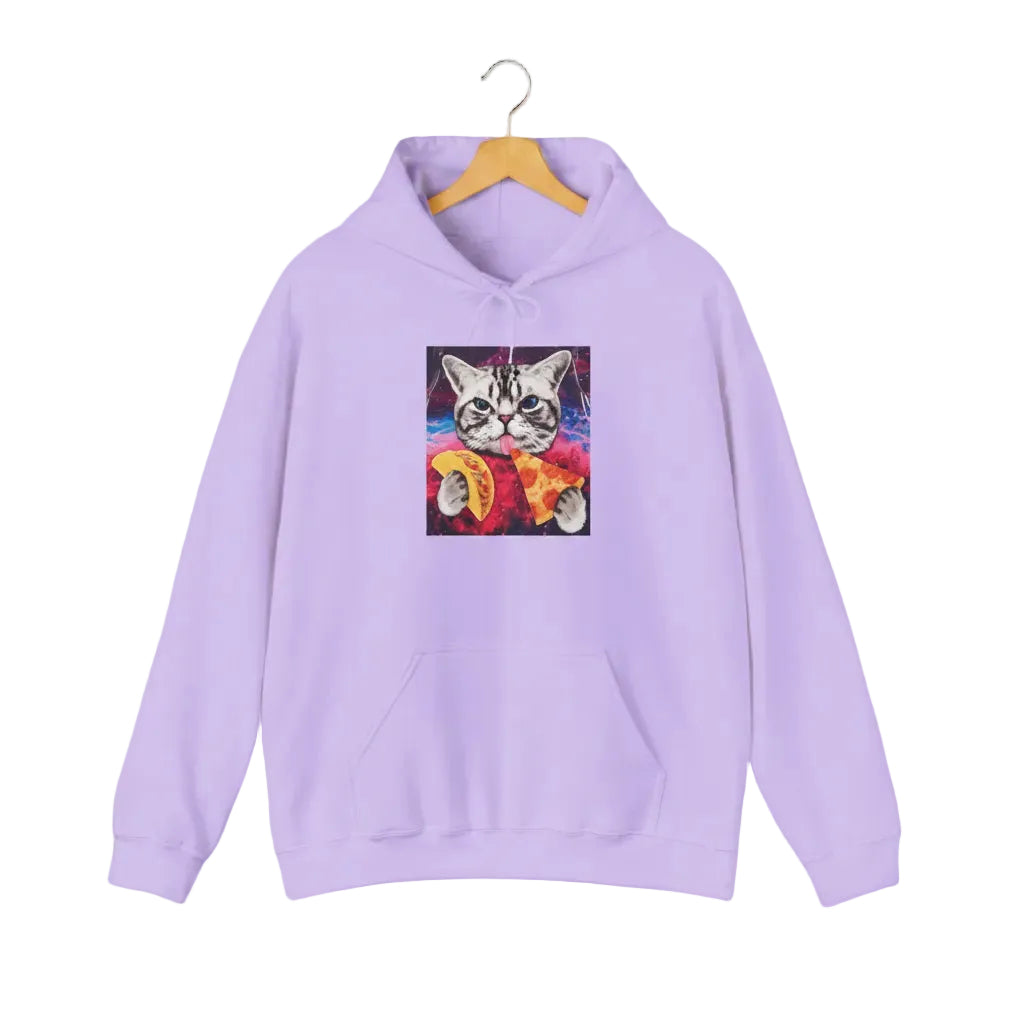 Orchid cat lover hoodie with colorful cat graphic "Interstellar Pizza & Tacos", for cat rescue and foster supporters.