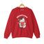 A red crewneck sweatshirt featuring a cartoon graphic of a gray tabby cat holding a red heart, with the text 'ADOPT LOVE' printed above it in white for cat lovers.
