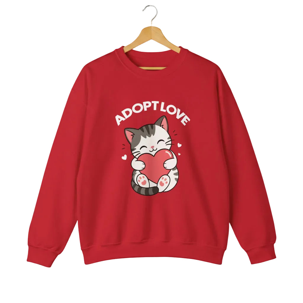 A red crewneck sweatshirt featuring a cartoon graphic of a gray tabby cat holding a red heart, with the text 'ADOPT LOVE' printed above it in white for cat lovers.
